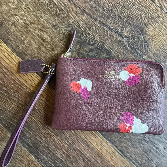 Coach Burgundy Wristlet with Floral Design - Picture 2 of 5